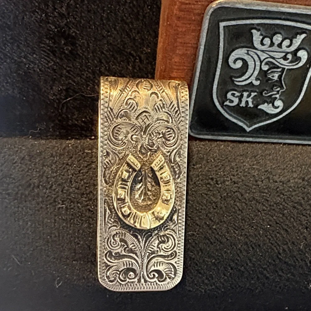 Silver King hand engraved Sterling and gold money clip. New.